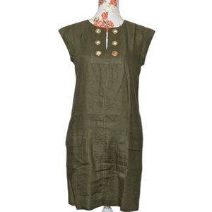 J. Crew Sz 2 100% Linen Lined Sleeveless Shift Dress Olive Metal Grommets Preppy
